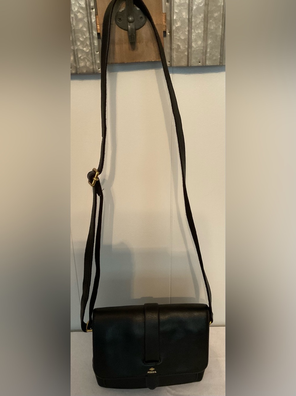 Fossil Kinley Small ZB6749 Black Pebbled Leather Crossbody Bag Brass Hardware